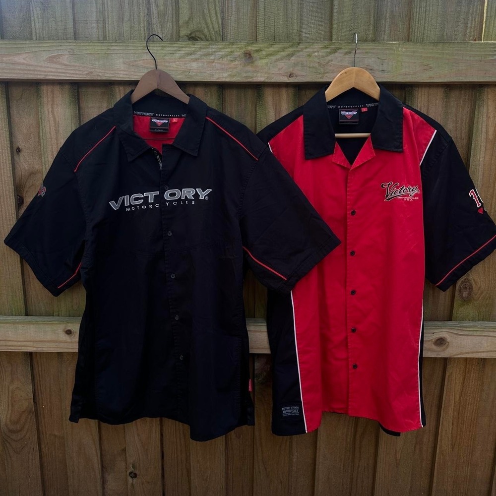 *SOLD* Victory Motorcycles (2) black + red button up shirt bundle of 2 Size